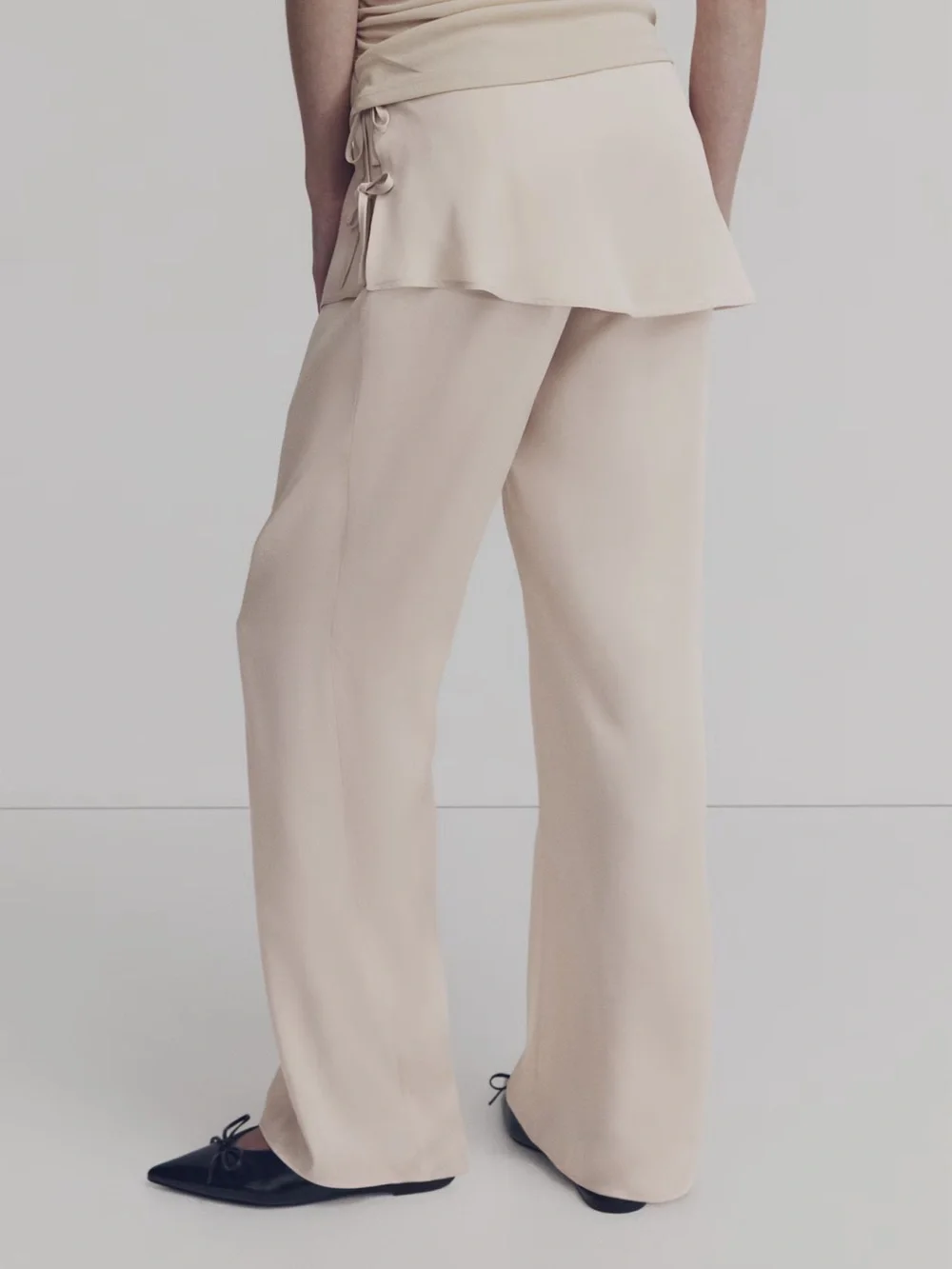 H&M NWT satin Wide-Leg Wrap Overlay skirt scarf trim Pants in Nude cream